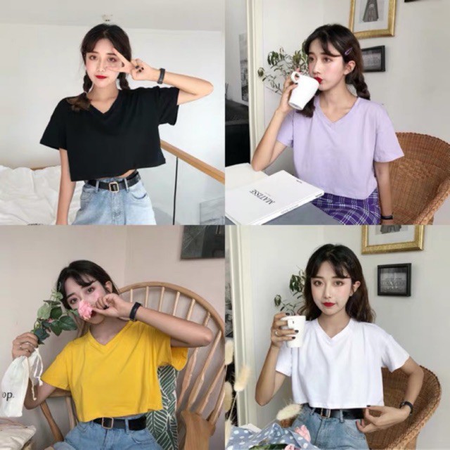 Áo croptop cổ tim ngắn tay form rộng Madela, Croptop cổ chữ V dáng suông phong cách Hàn Quốc