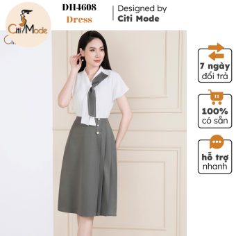 Đầm công sở CITI MODE FASHION thiết kế dáng xoè trắng phối chân váy xám xếp ly1 bên DH4608