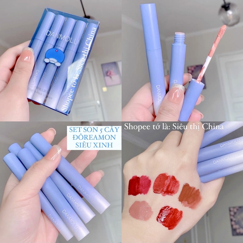 Set 5 cây son kem lì Danmolu vỏ xanh dành cho học sinh giá rẻ siêu đẹp,bền màu,mịn màng
