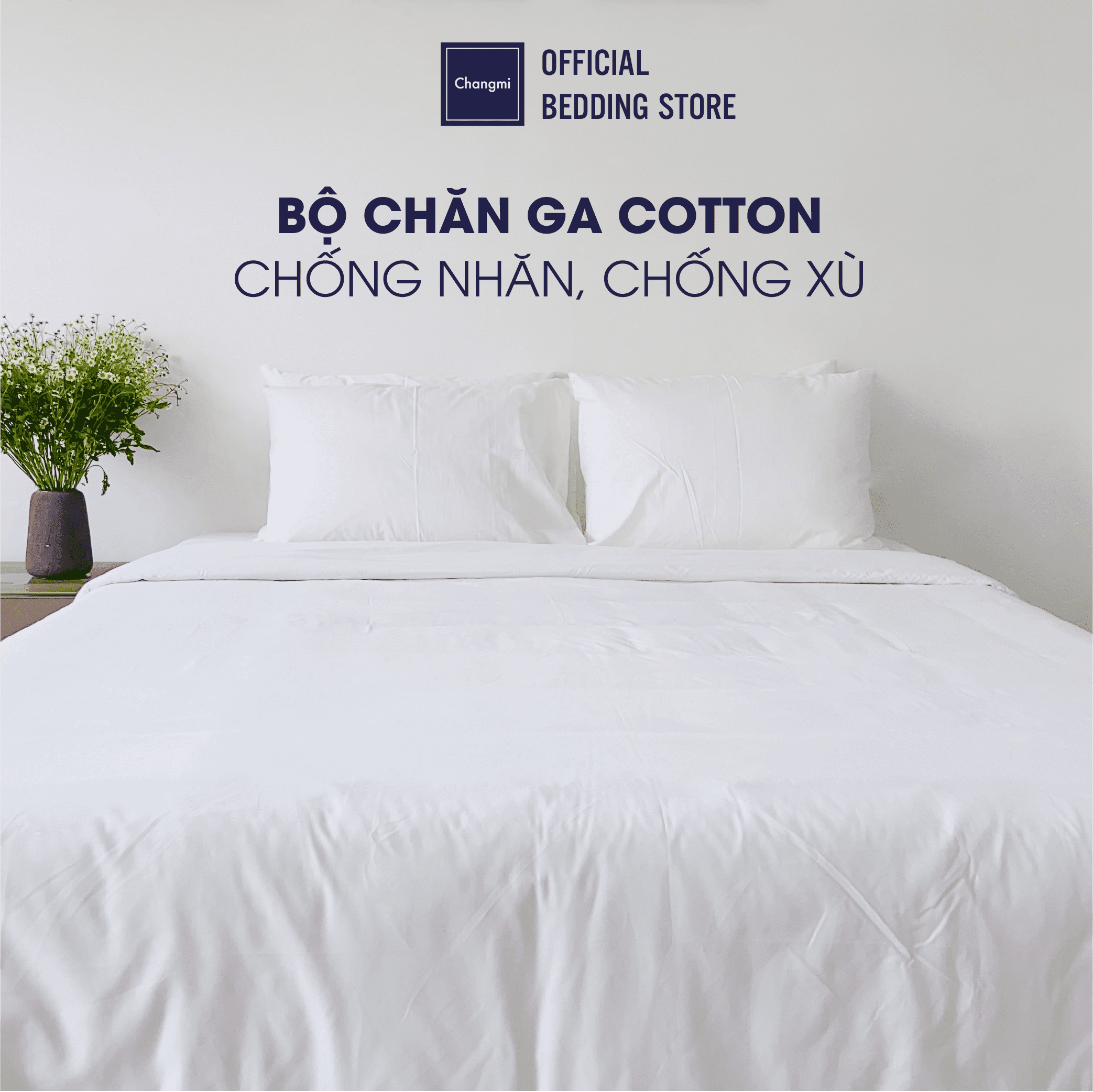 Bộ chăn ga Cotton Sateen trắng trơn Changmi Bedding 300 sợi mềm mại chống xù chuẩn khách sạn 4 sao