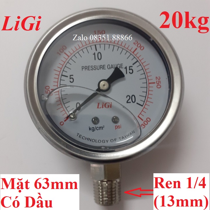 Đồng hồ đo áp suất nước hơi khí nén Từ 0 đến 20kgf/cm2 mặt 63mm có dầu LiGi