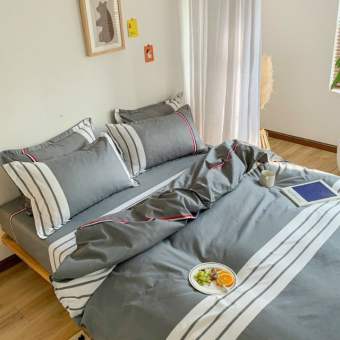 Bộ Chăn Ga Gối Kẻ Ngang Xám Trắng Cotton Poly Bộ Chăn Ga Gối Cao Cấp Nhập Khẩu 5 Món, 4 Món Sản Phẩm Chăn Ga Gối Nệm Dùng 4 Mùa