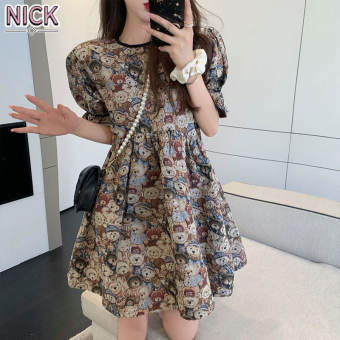 NICK Đầm Cho Nữ ĐầM Nữ ĐầM Tay Phồng Kiểu Pháp Đầm In Hình Gấu Đầm Tay Ngắn