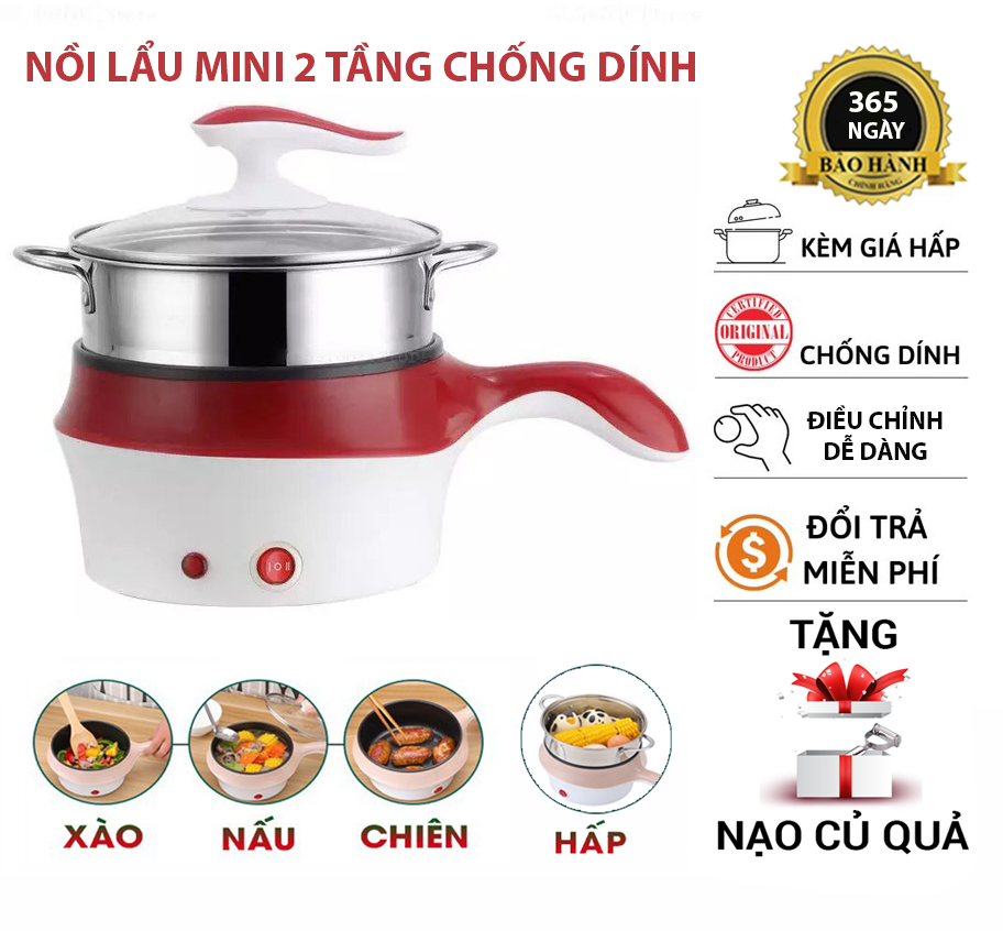 Nồi Lẩu Điện Mini Đa Năng Chống Dính, Xửng Hấp 2 Tầng Dung Tích 1.8L Nấu Lẩu, Chiên, Xào Chống dính - Nồi lẩu đa năng mini Tặng Kèm Khay Hấp
