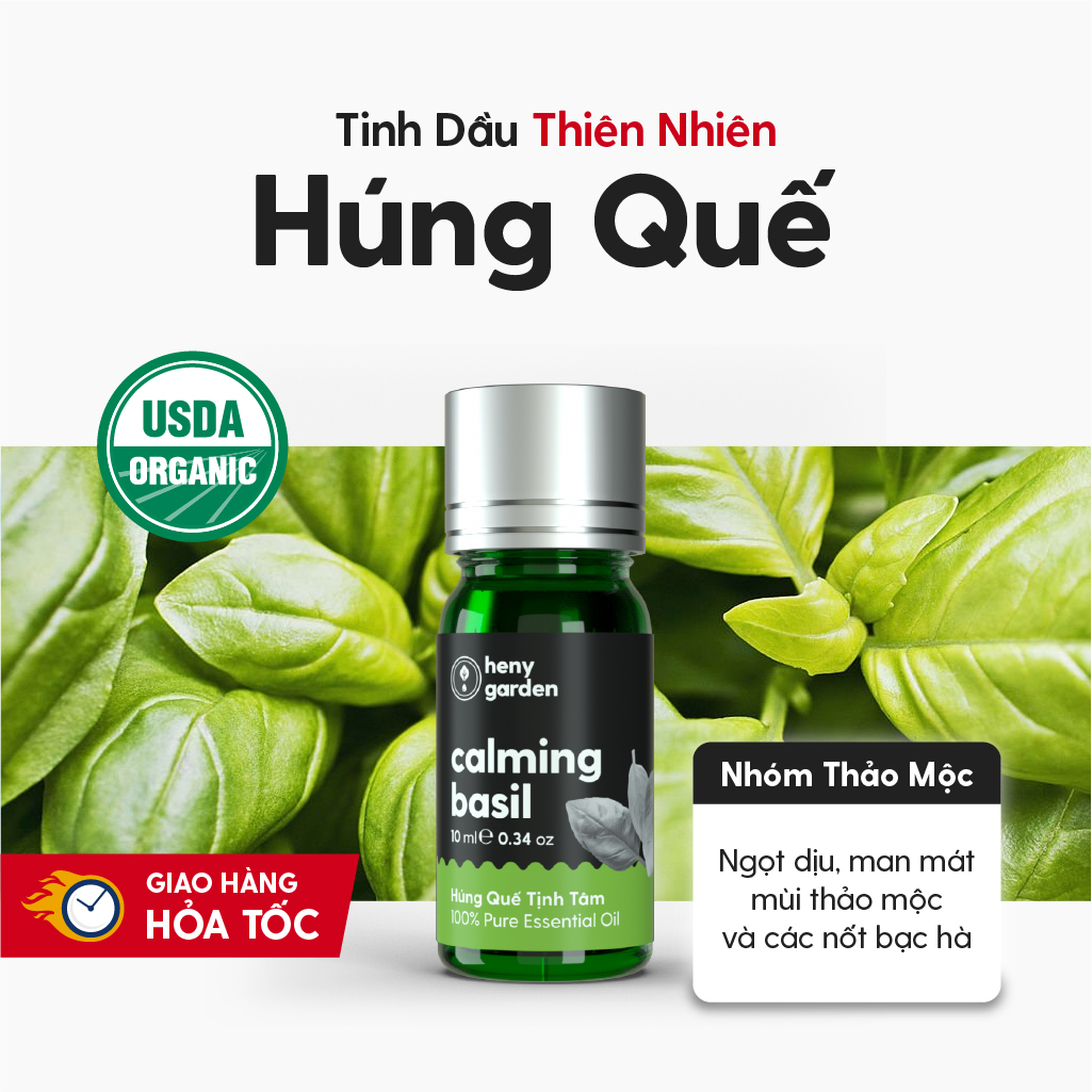 Tinh Dầu Húng Quế Organic Thiên Nhiên Nguyên Chất Đậm Đặc HENY GARDEN Xông Thơm Phòng, Làm Nến Thơm Thư Giãn Giúp Dễ Ngủ 10mL