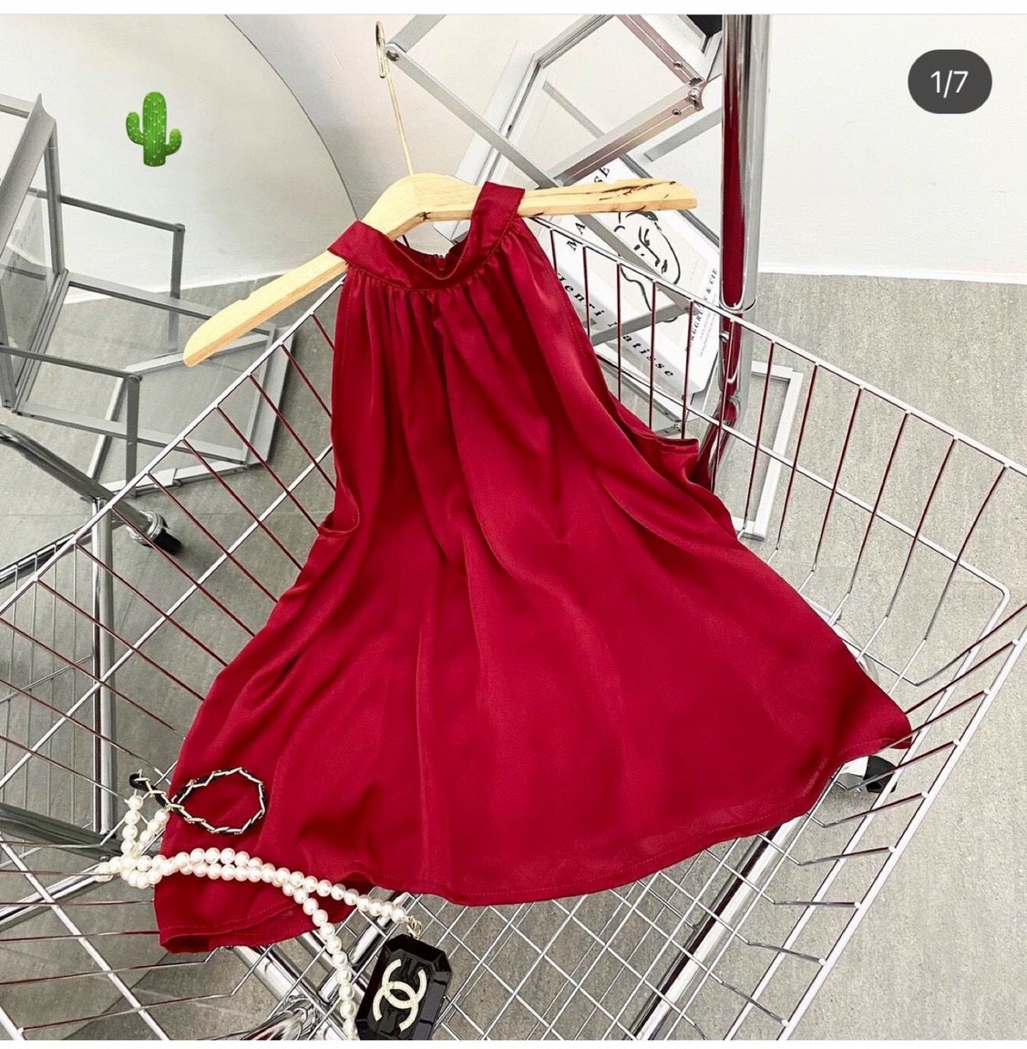Áo cổ yếm phi lụa đỏ hở vai form suông có zip sau sang chảnh siêu gợi cảm ngọt ngào PC