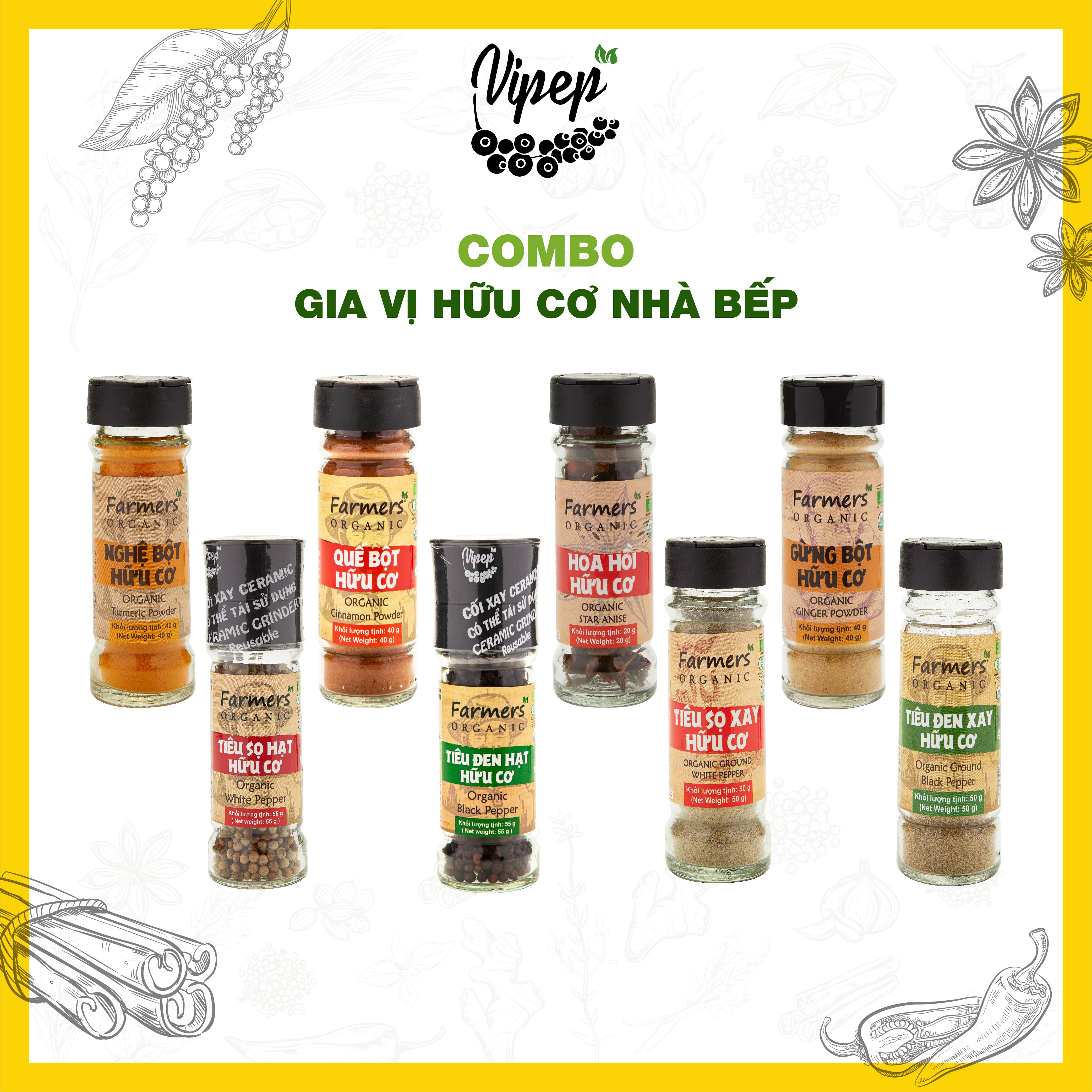 Gia vị hữu cơ nhà bếp Vipep - Quế bột hữu cơ - Nghệ bột hữu cơ - Gừng bột hữu cơ - Hoa hồi hữu cơ - Tiêu đen HC - Tiêu sọ HC