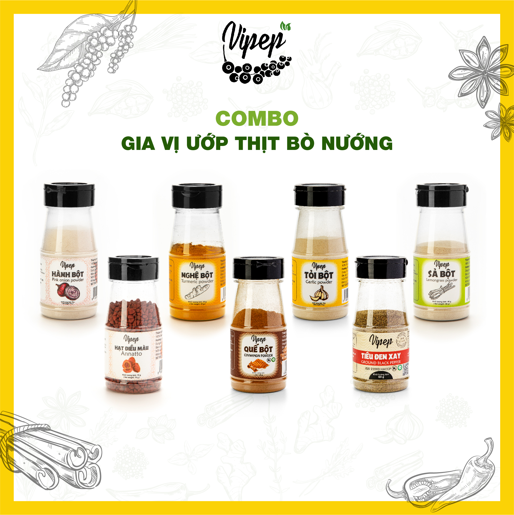 Set gia vị ướp thị bò nướng tiết kiệm (ớt bột, bột tỏi, bột quế, tiêu xay, bột hành, hạt điều màu)