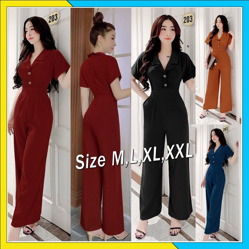 Jumpsuit Dài - Jum dài ống suông cổ vest phối 2 nút dây kéo sau lưng xinh xắn TJ1118