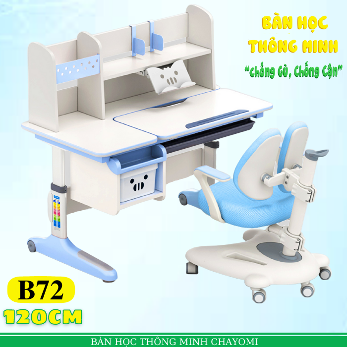 Bộ bàn học thông minh chống gù chống cận Chayomi B72 màu xanh ( Kích thước: Mặt bàn rộng 120cm, cao 77cm; Kệ sách cao 52cm )