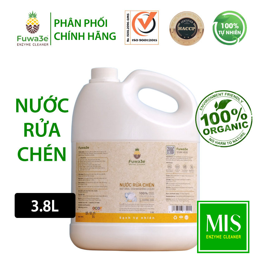 Nước rửa chén hữu cơ Fuwa3e organic Enzyme 3.8L chất tẩy rửa fuwa sinh học an toàn cho bé bảo vệ da tay FW001C