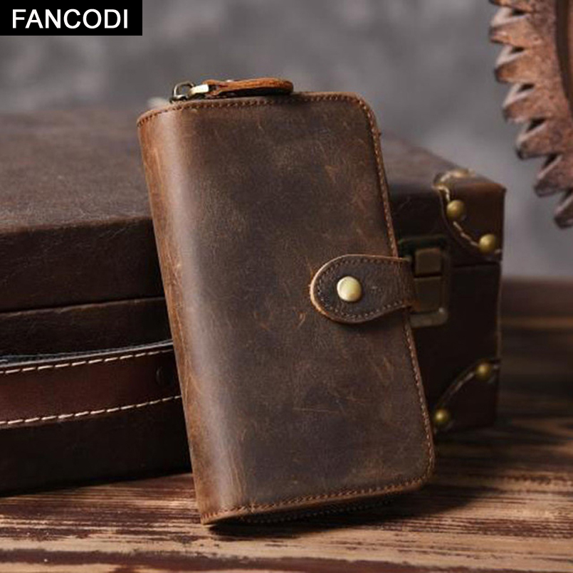 Vintage Crazy horse Genuine Leather Men Wallet With Zipper Coin Pocket Long Style Male Purse Clutch Bag with Buckle Card Holder Money Clips Perfect Gift WF202