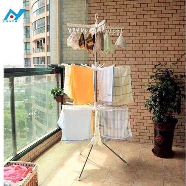 Cay phoi quan ao, cây phơi quần áo, cây phơi quần áo đa năng, cây quần áo 3 tầng, cây phơi quần áo kèm kẹp phơi đồ cho trẻ sơ sinh, cây phơi quần áo 3 tầng gấp gọn Chất liệu - Khung Inox Móc treo nhựa