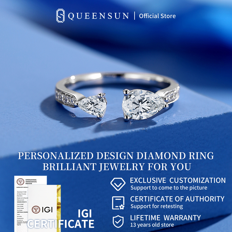 Queensun18K gold Pear diamond ring  Lab Grown Diamond ring customization Proposalring, engagement ring水滴双生石戒指Retro/Korea /ring for gift/ daily  ring/for women gift