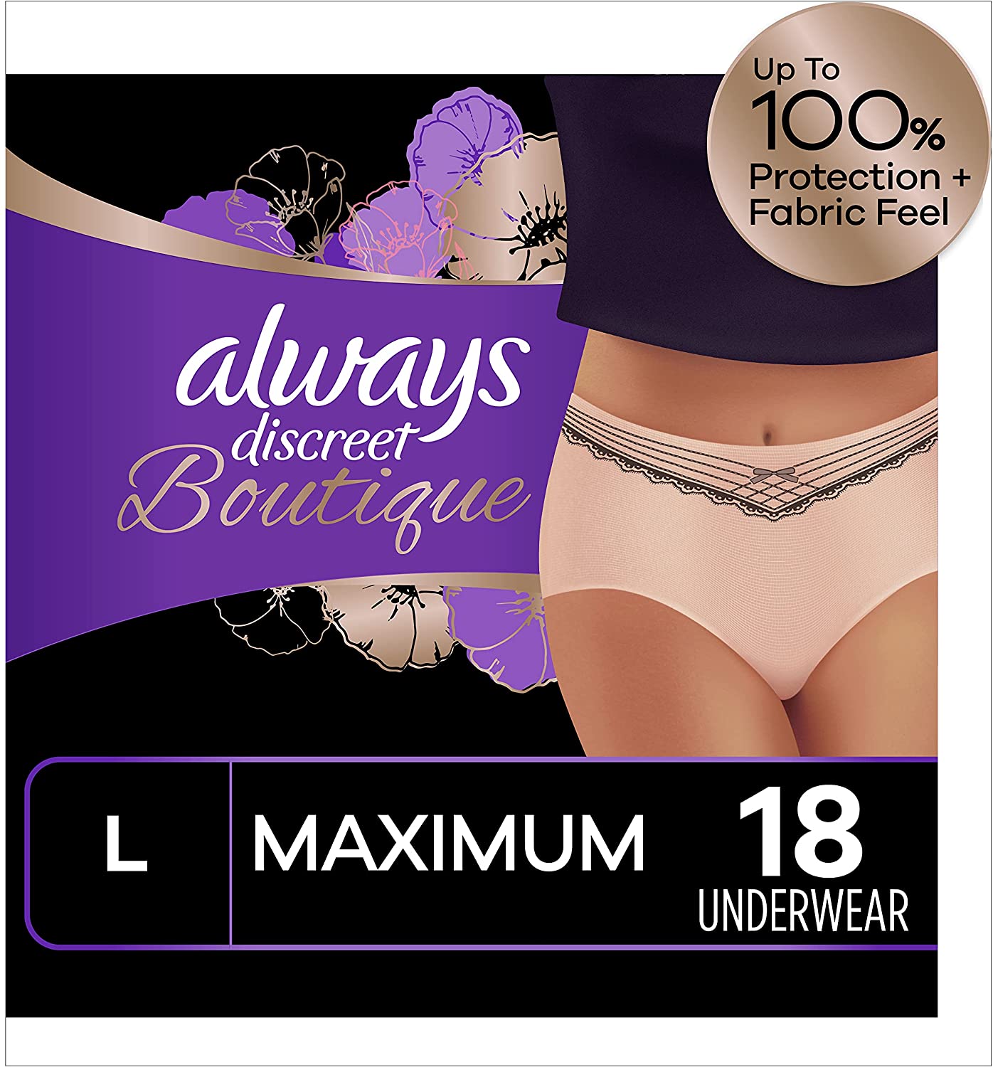 Always Discreet Boutique, Incontinence & Postpartum Underwear for Women,  Maximum Protection, Peach, Large, 18 Count