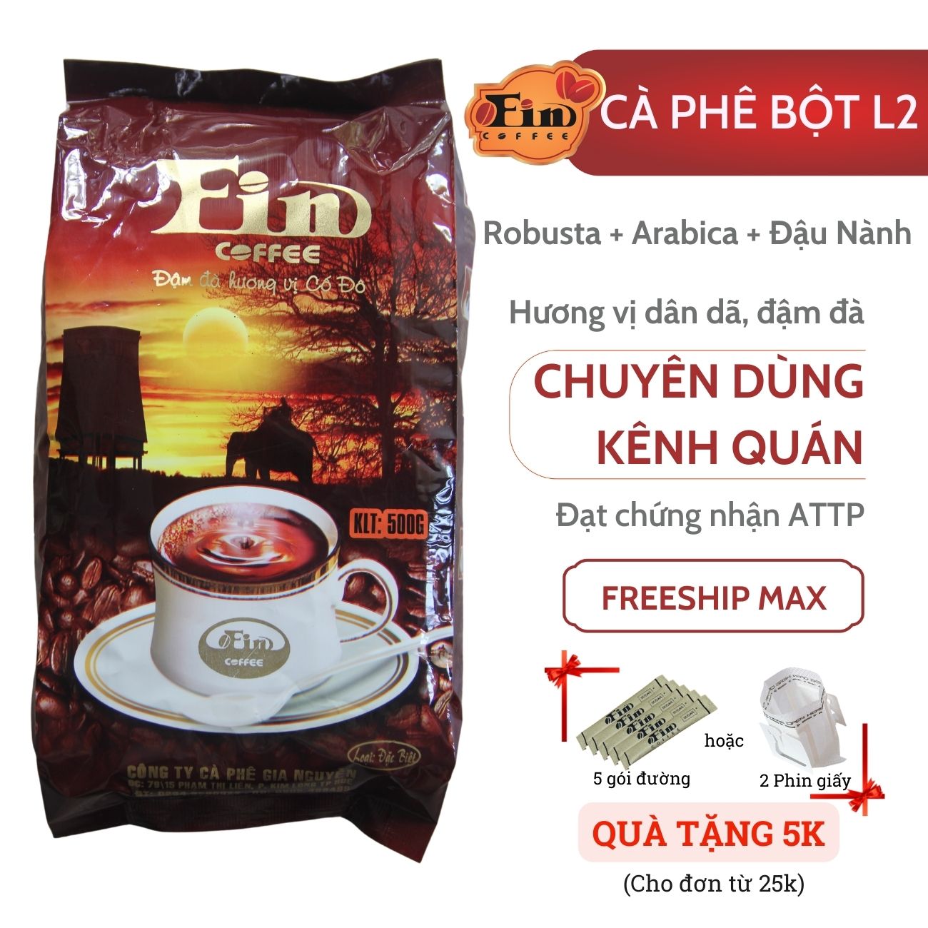 500gr cà phê pha phin chuyên dùng cho quán l2 từ fin coffee, mùi vị đậm đà, thơm nhẹ, cà phê bột, đạt chứng nhận attp.