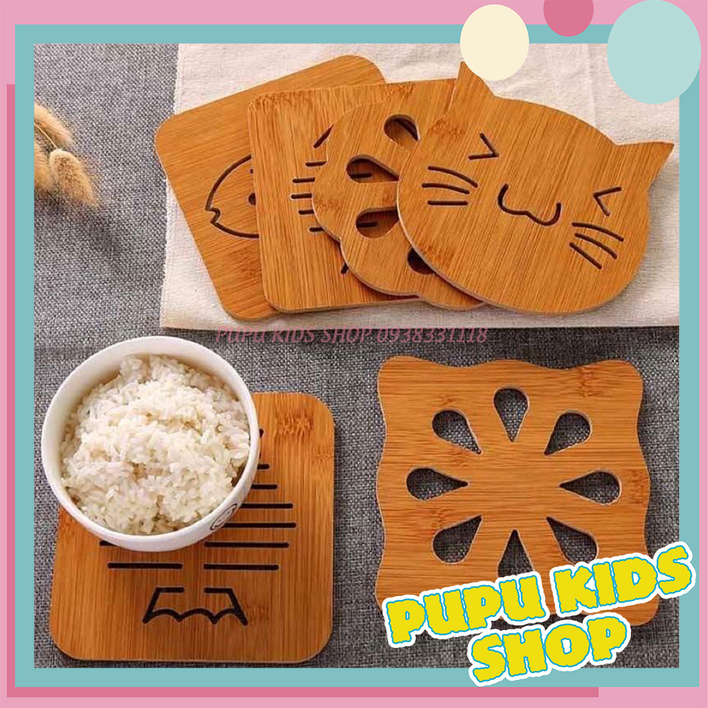 Miếng gỗ lót nồi, Đế gỗ lót ly, lót cốc Cách Nhiệt nhiều hình decor phòng bếp PUPUKIDS