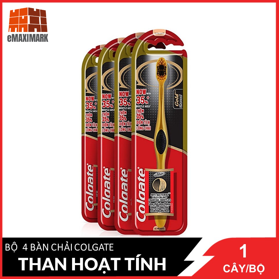 Bộ 4 bàn chải đánh răng Colgate 360 than hoạt tính kháng vi khuẩn Charcoal Gold