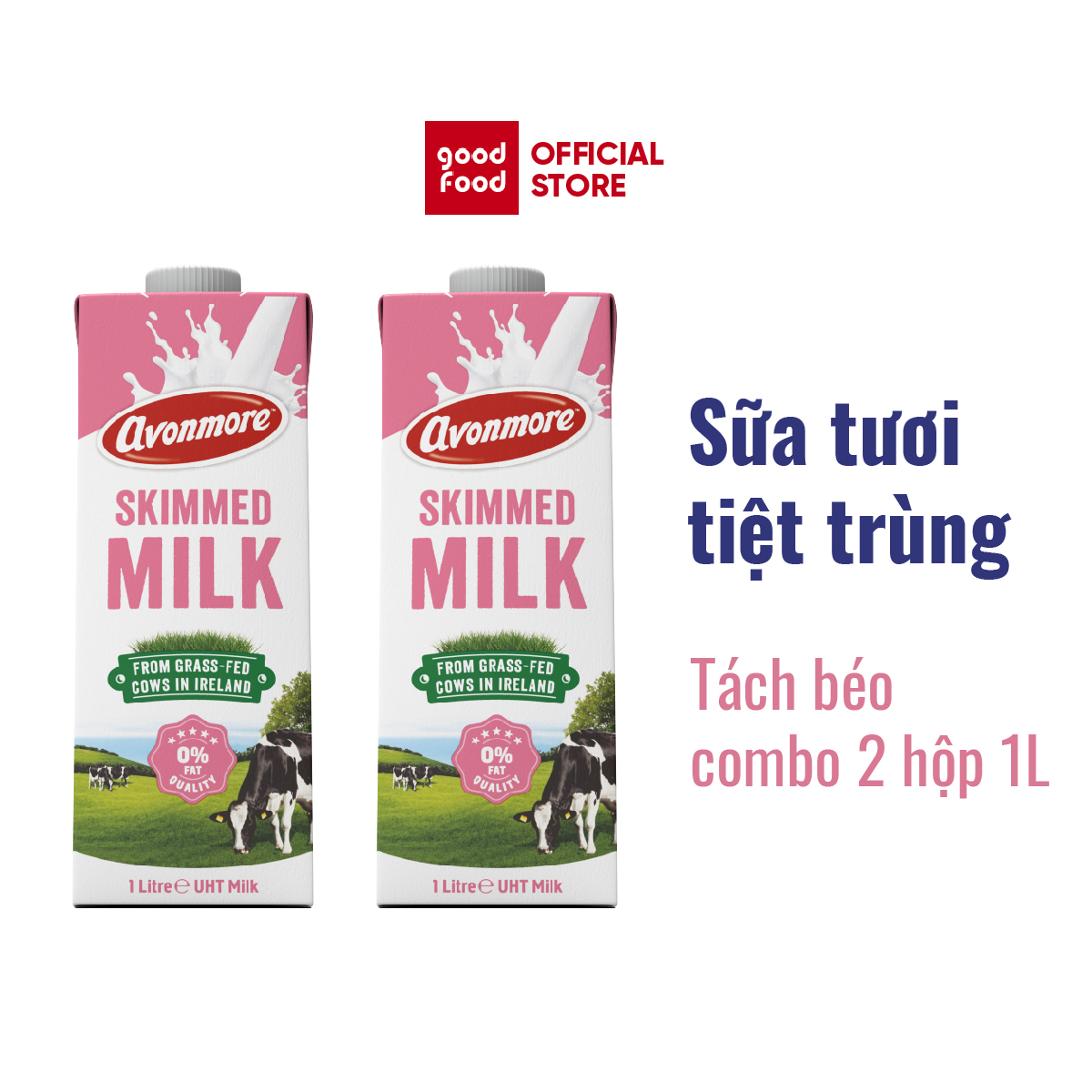 Combo 2 hộp Sữa tươi tách béo tiệt trùng (không đường) Avonmore UHT Skimmed Milk 1L  giảm cân giữ dáng hiệu quả tốt cho sức khỏe