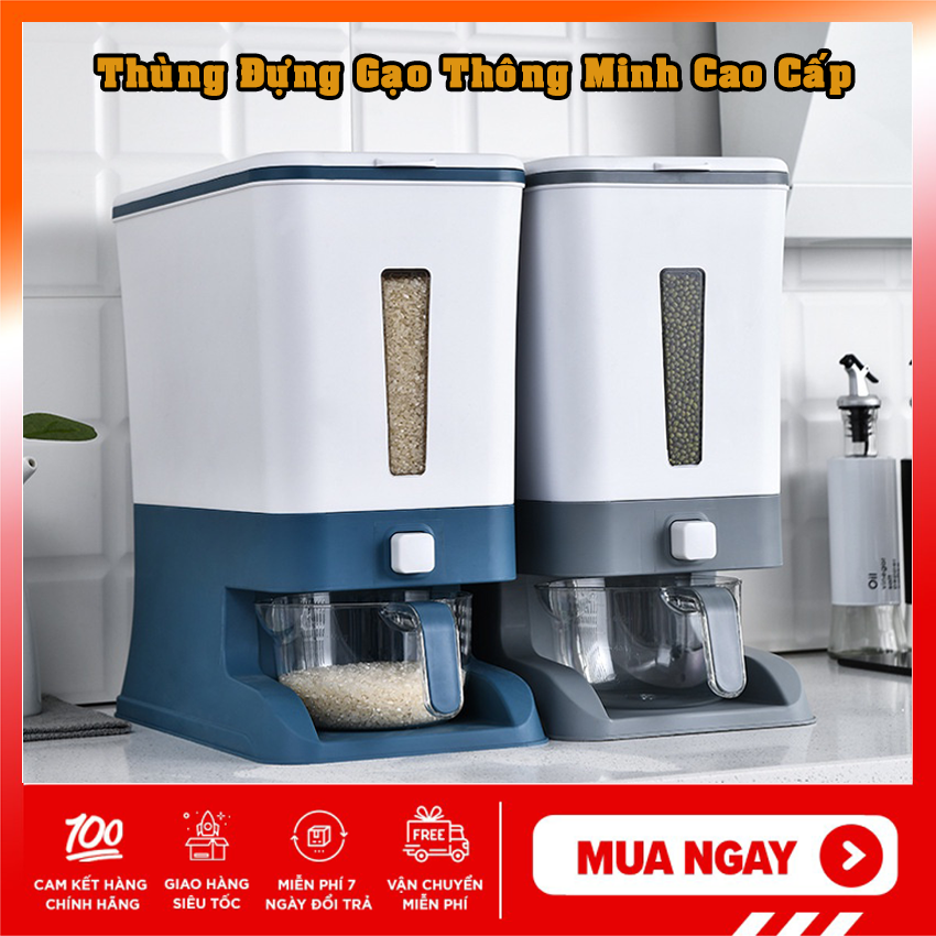 Thùng đựng gạo thông minh 12kg 3 trong 1 hình chữ nhật kèm cốc vo gạo