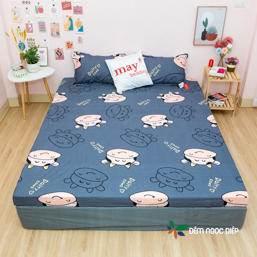 Bộ ga gối gồm 1 ga giường kèm 2 vỏ gối nằm poly cotton mẫu Bò Dairy đầy đủ kích thước