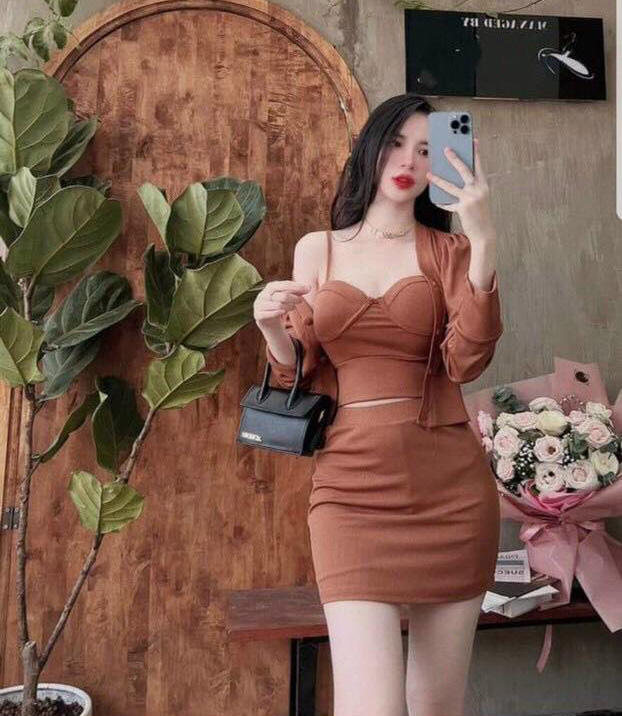 Set bộ 3 món thời trang nữ áo khoác dài tay + áo lót trong & chân váy