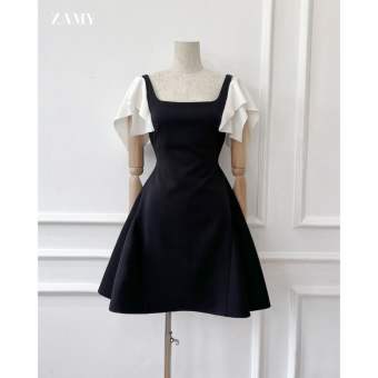 Váy, đầm nữ cổ vuông khoét vai tay bèo dáng xòe chất thun cotton xịn Zamy thiết kế đi chơi, đi tiệc -2111