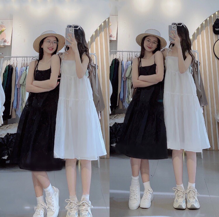 Váy đầm nữ 2 dây đi biển, đầm nữ babydoll 3 tầng dễ thương chất vải mềm lót 2 lớp