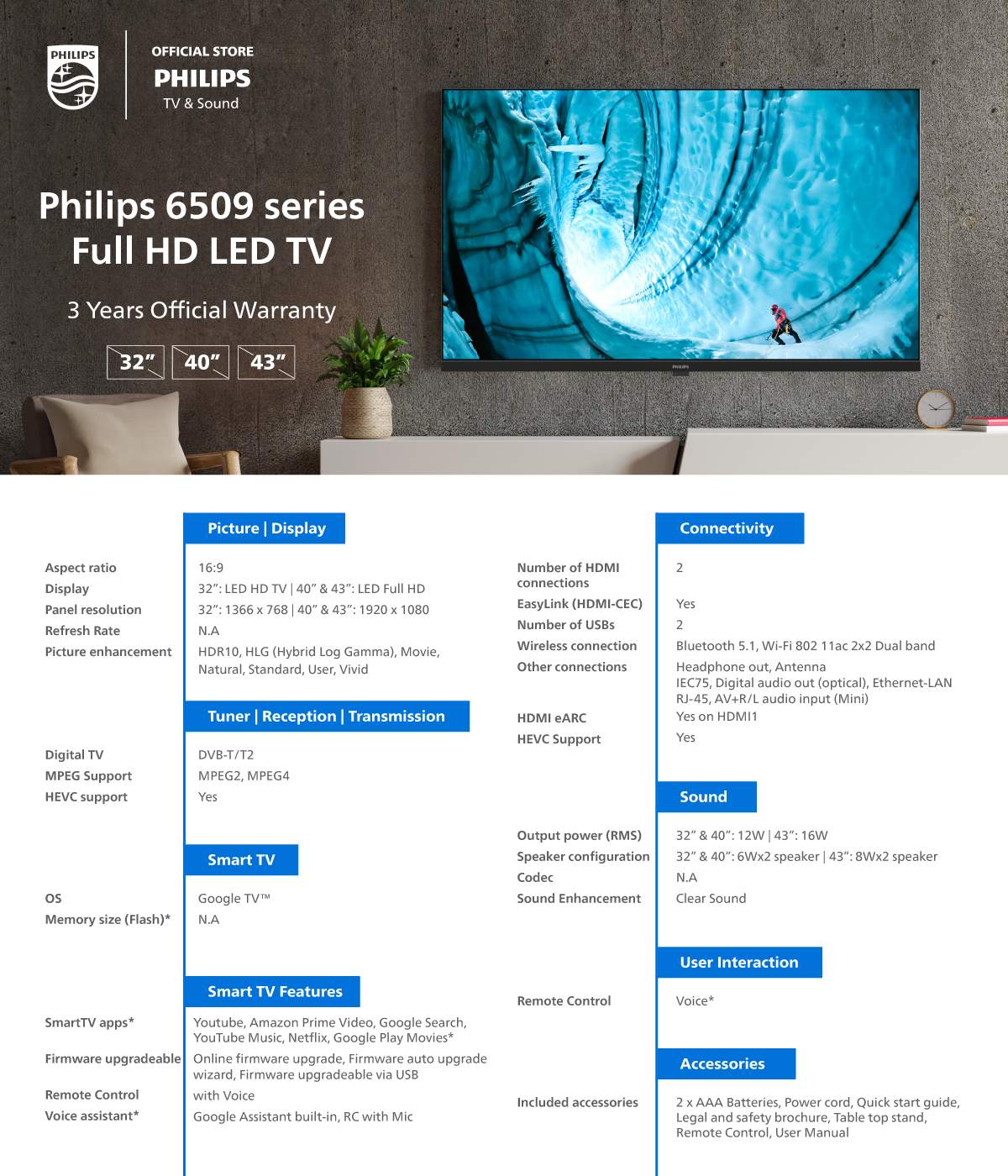 [NEUSTART 2024] 40PFT6509/98 EXKLUSIV ONLINE EXKLUSIV PHILIPS Google TV Full HD 40-Zoll-Fernseher | YouTube | Netflix | MeWatch | Google Assistant | Dolby Vision | 3 Jahre Garantie | FOC-Antenne
