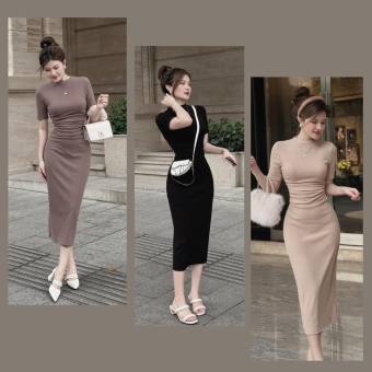 Đầm body nữ dáng dài tay ngắn cổ tròn nhún eo chất thun gân, Váy ôm body nhun sườn ngắn tay chất thun tăm co giãn