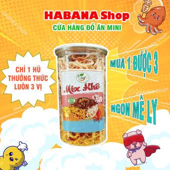 Khô mix 3 vị : gà lá chanh - heo cháy tỏi - mực dừa nhà HabaNa cực rẻ cực ngon hộp 300 gram