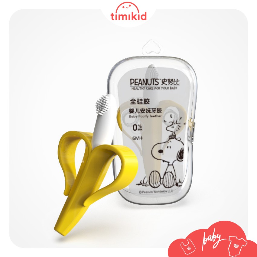 Gặm nướu chuối PEANUTS cho trẻ tập nhai silicone cao cấp, siêu mềm, an toàn, không mùi nhựa, free BPA, hàng xuất Mỹ - Timikid Store - gặm nướu an toàn, gặm nướu cho bé, miếng tập nhai, miếng cắn răng