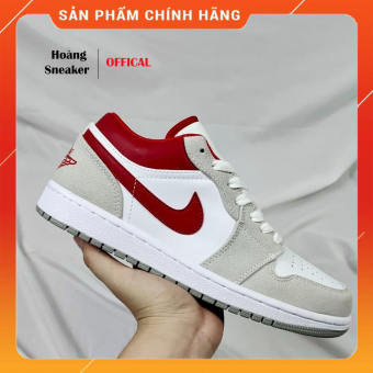 Giày Sneaker Jordan 1 Low Grey Gym Red, Giày Thể Thao Nam Nữ JD1 Low Xám Đỏ_Fullbox Kèm Dây Phụ