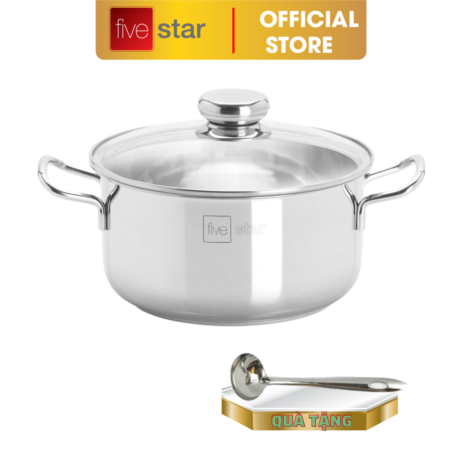 Nồi inox 3 đáy sandwich inox 430 FiveStar Standard nắp kính ( 16cm / 18cm /20cm / 24cm ),tặng 1 vá canh, dùng được mọi bếp