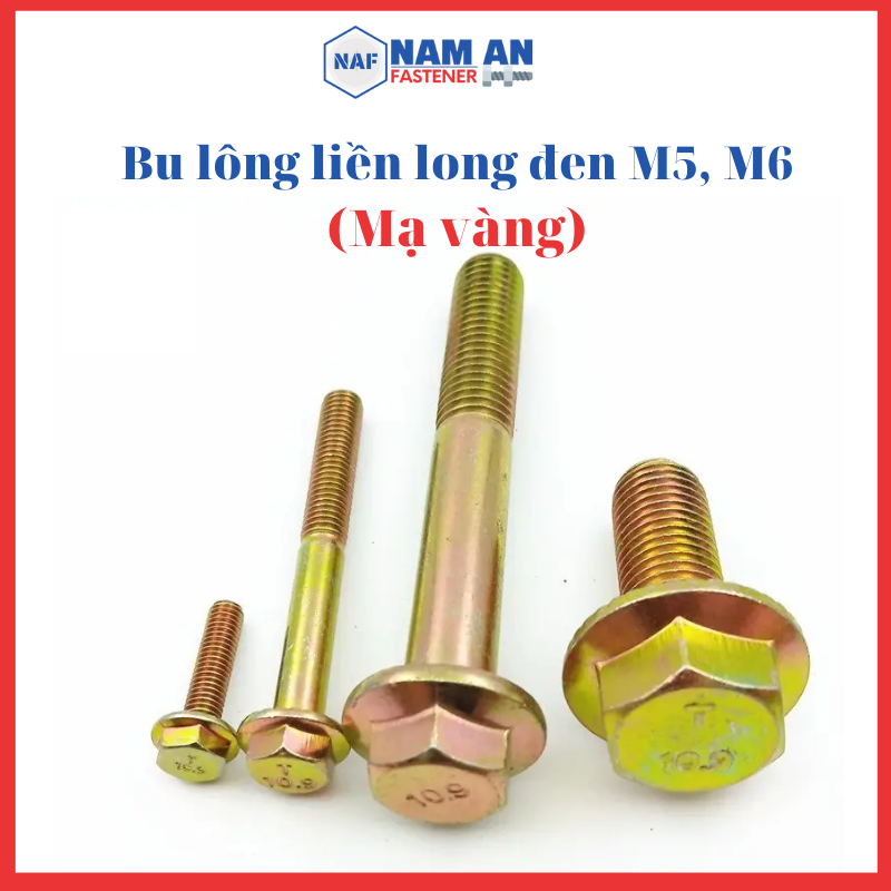 50 con bu lông liền long đen phẳng m5, m6 mạ vàng, cấp bền 8.8, bulong liền phẳng chiều dài: 10, 12, 16, 25, 40 mm