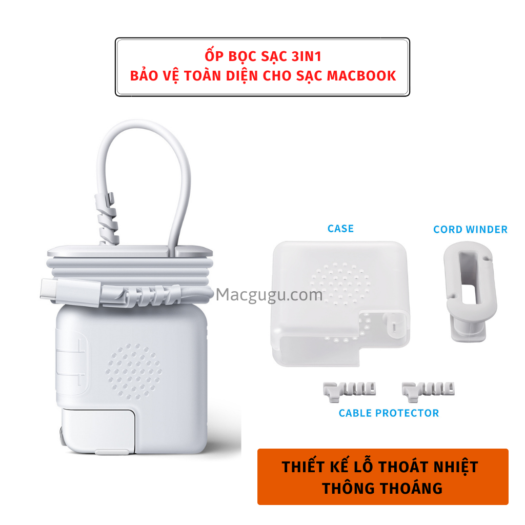 Ốp bọc sạc Macbook 3in1 kèm bộ cuốn bảo vệ chống đứt gãy đầu dây sạc bảo vệ sạc Macbook