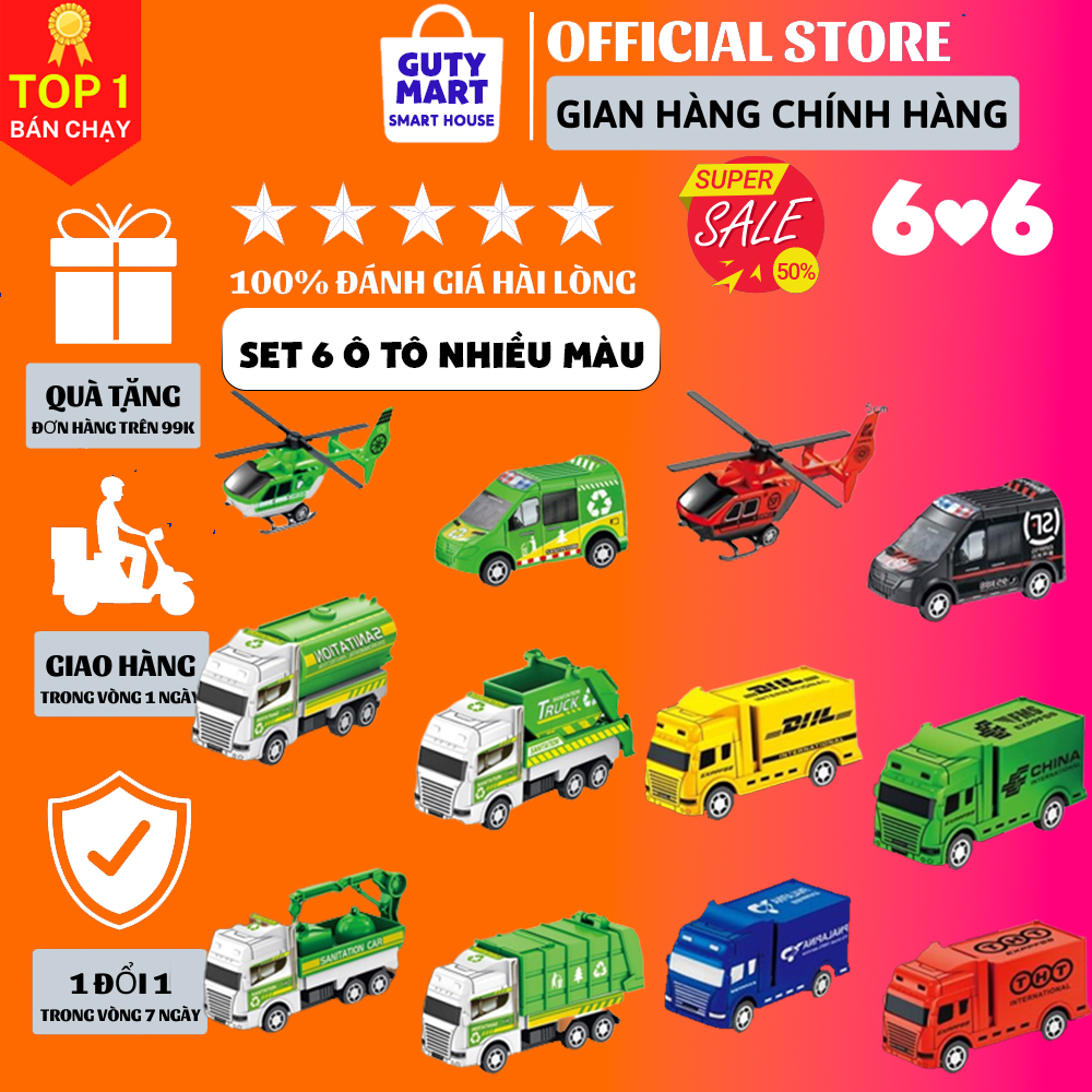 [DEAL SỐC] Bộ đồ chơi 6 chiếc mô hình ô tô, máy bay công trình xây dựng, quân đội phát triển kỹ năng nhận biết cho bé, xe ô tô đồ chơi cho bé trai và bé gái từ 2-6 tuổi - Gutymart