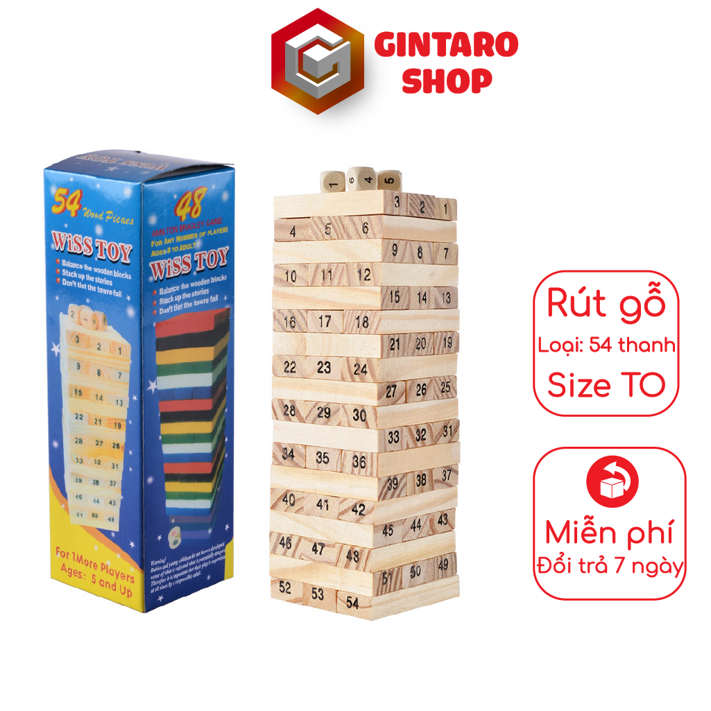 Xếp gỗ size lớn 54 thanh cho bé , Đồ chơi rút gỗ loại to giúp phát triển kỹ năng cho bé GINTARO SHOP