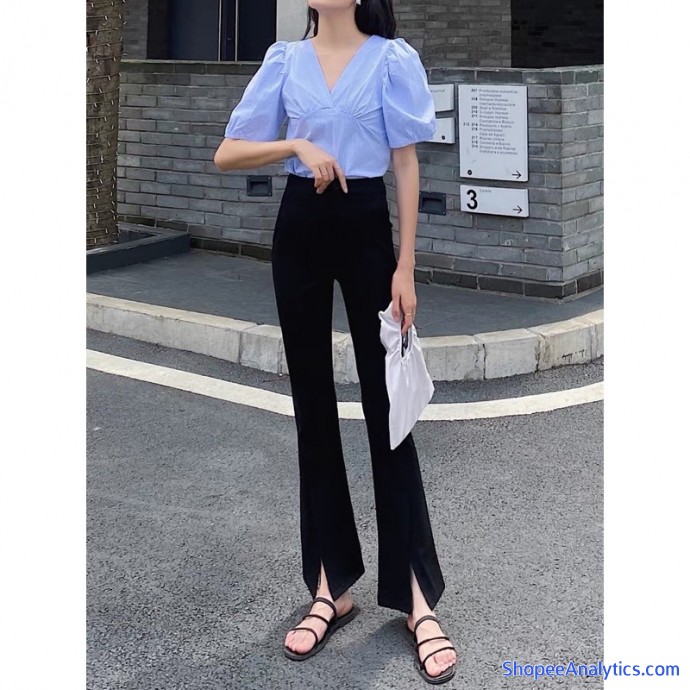 Quần ống loe nữ xẻ gấu trước vải quần tây