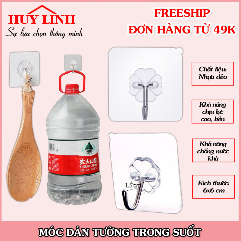 Combo 20 móc treo trong suốt, Móc dán tiện dụng, Miếng dán dính tường chịu đến 10kg, Móc hút siêu chắc, Huy Linh