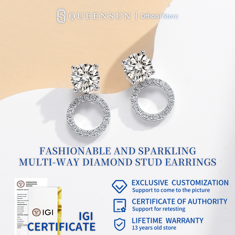 QUEENSUN 18k gold diamond earrings, round, surrounded by diamonds,Lab Grown Diamond, sparkling earrings，Three wearing styles earing Encrusted Three-Way Wear Earrings