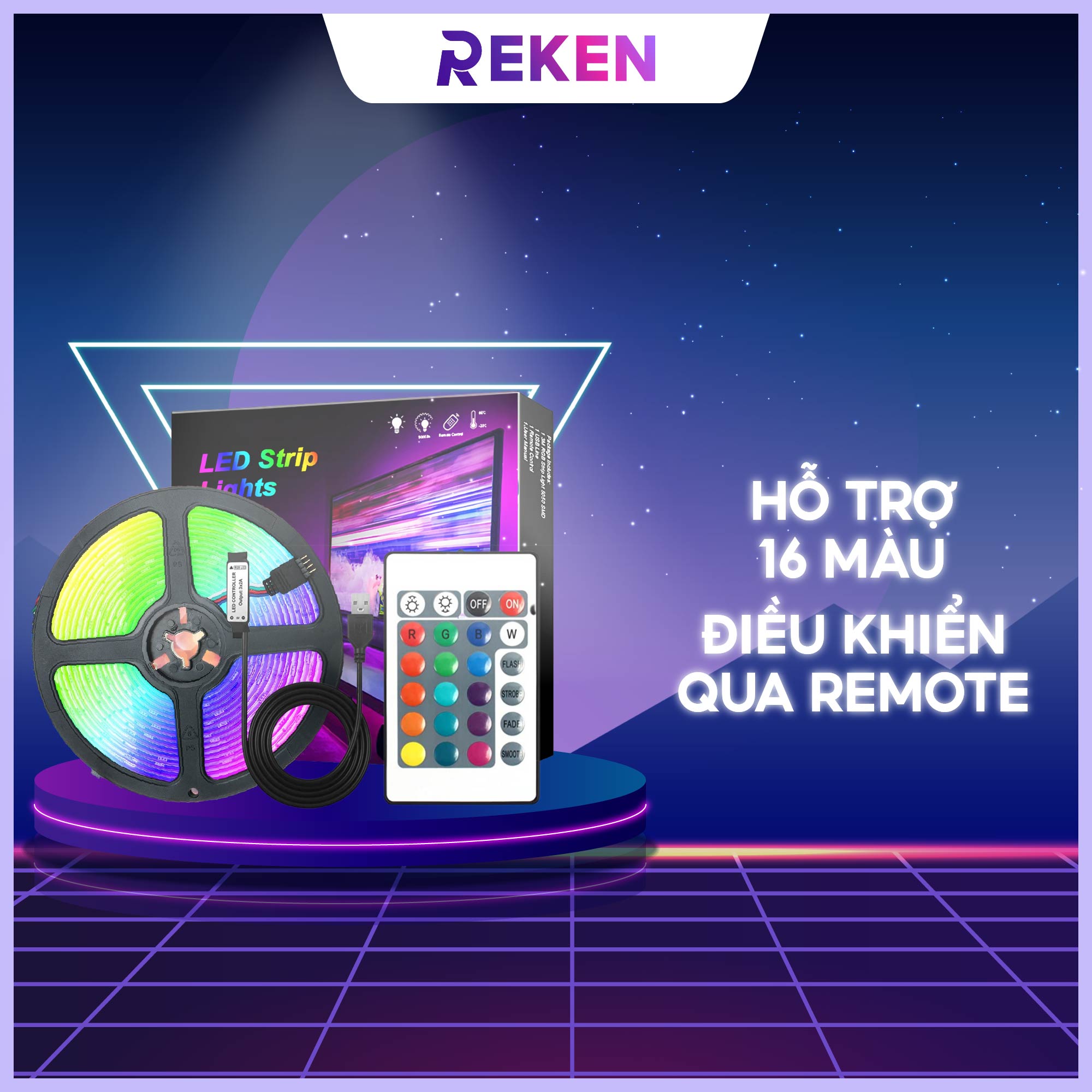 Dây đèn led trang trí phòng ngủ 16 triệu màu tự động, sử dụng điện 5v an toàn, có keo dán sẵn loại 1M 3M 5M sử dụng remote điều khiển 3 nút hoặc 24 nút Reken