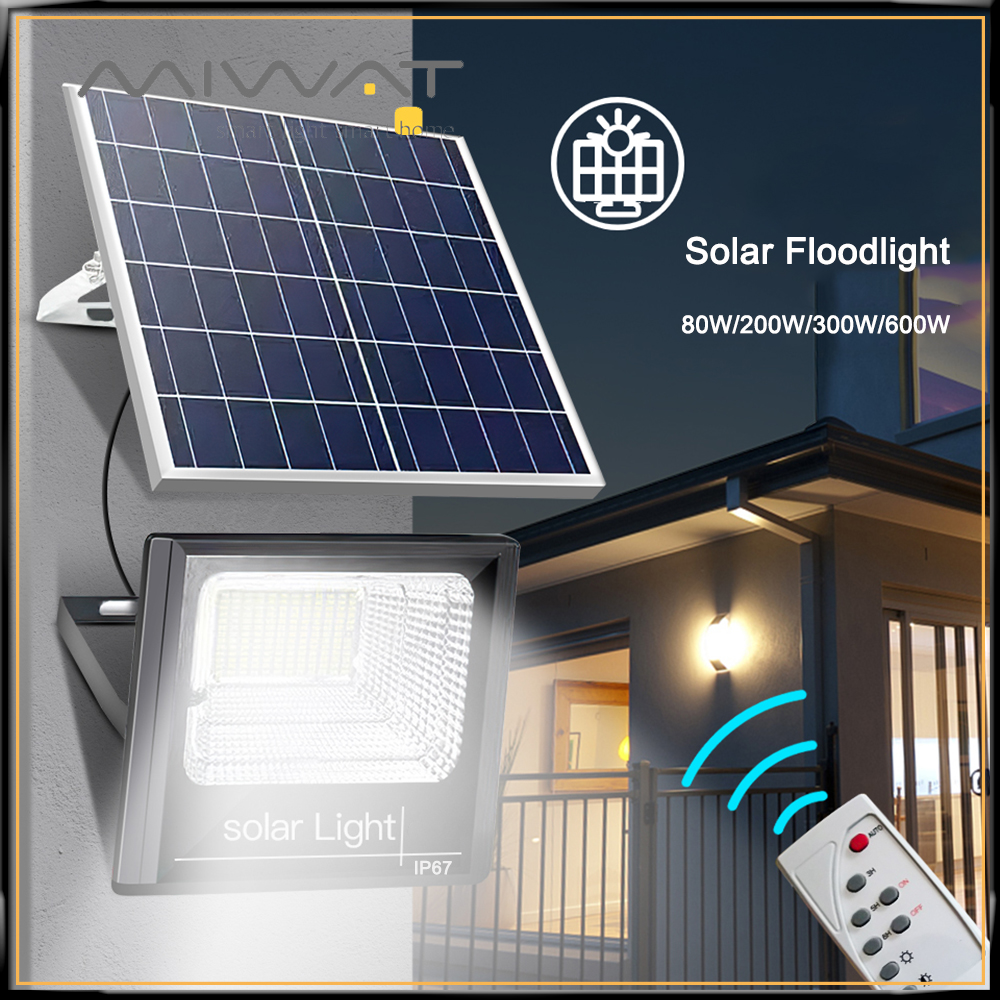 Miwat đèn led năng lượng mặt trời ngoài trời đèn pha năng lượng mặt trời nâng cấp mới 80w 200w 300w 600w đèn pha năng lượng mặt trời độ sáng cao chống nước ip67 chất lượng cao có điều khiển từ xa áp dụng cho sân vườn