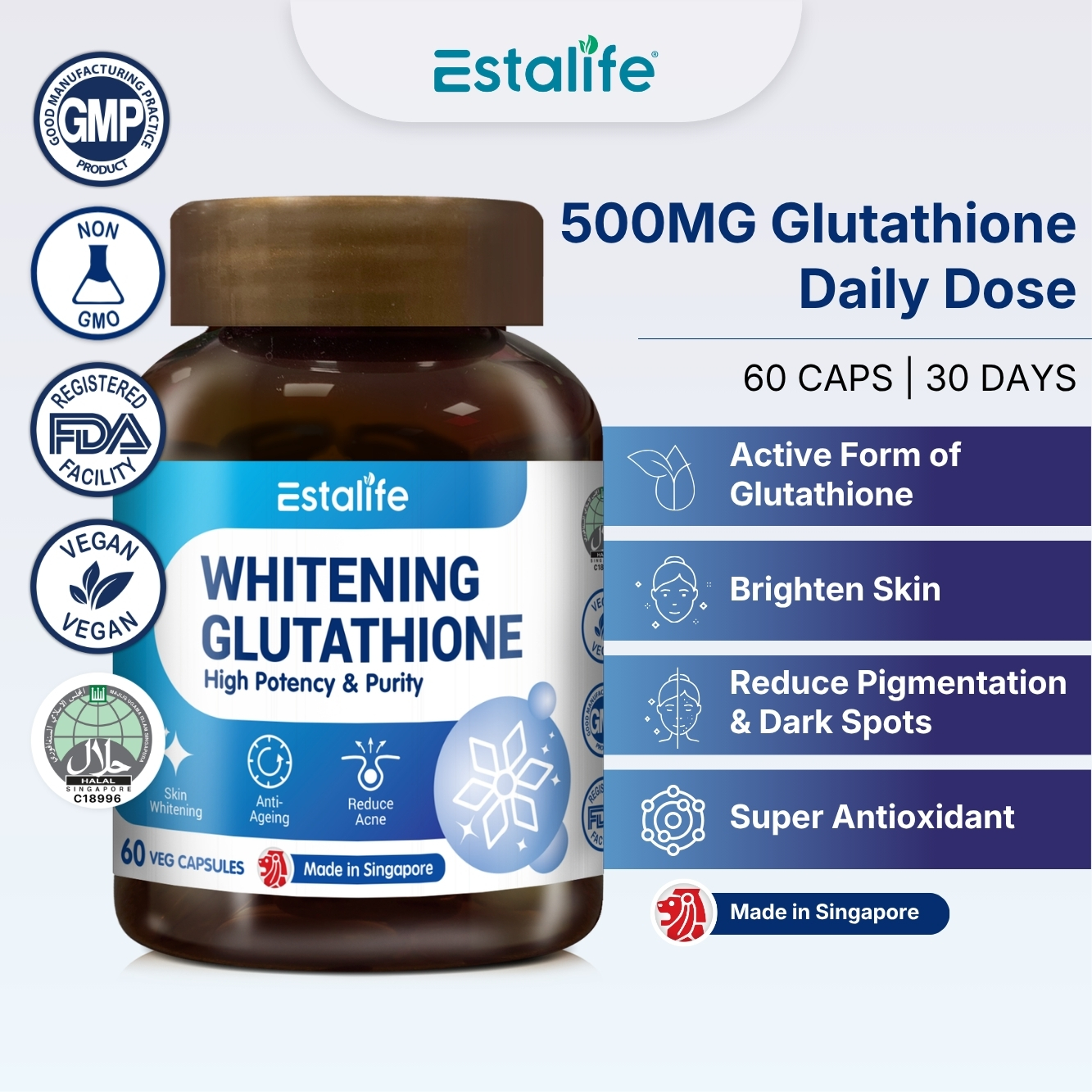 Estalife NMN 500mg Supplement | NAD+ Booster | 抗衰老胶囊 | Enhance Energy + Focus + Cell Repair | Vegan | 60 Capsules