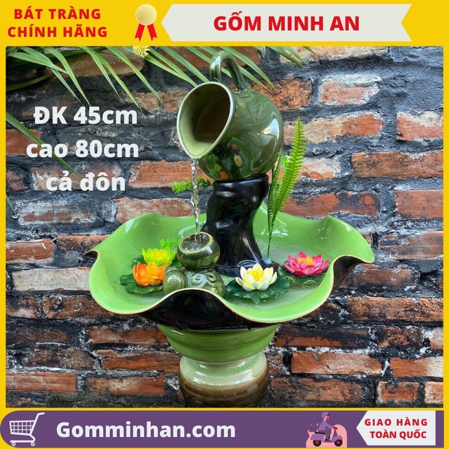 Bát Hoa Thác nước phong thủy hồ lô gốm Minh An Bát Tràng phi 45cm, cao 80cm cả đôn