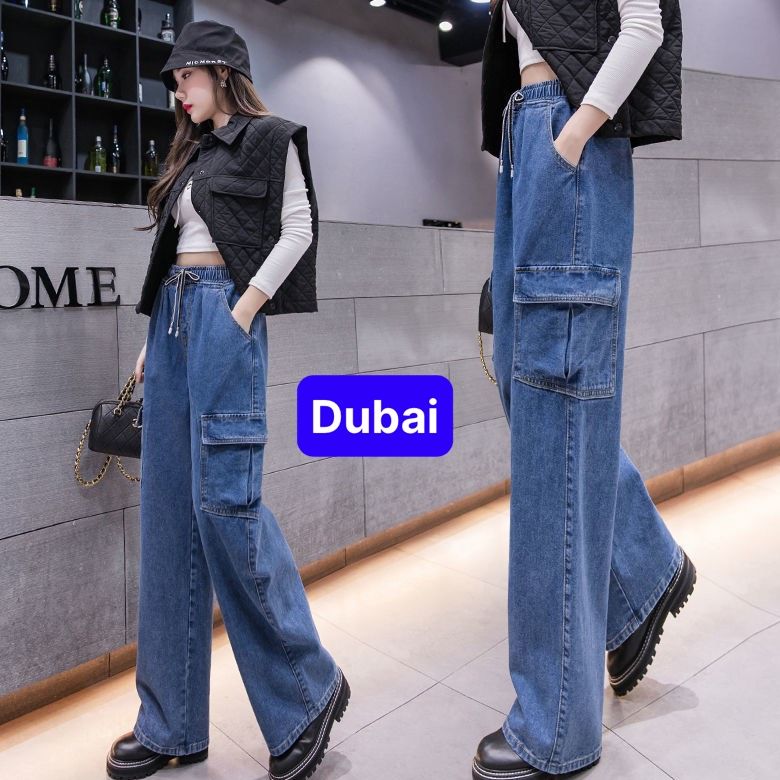 QUẦN BAGGY JEAN NỮ CHẤT BÒ XÁM XANH LƯNG THUN CẠP CHUN TÚI HỘP ỐNG RỘNG SUÔNG DÀI LƯNG CAO NÂNG MÔNG HOT NHẤT 2023 - DUBAI FASHION