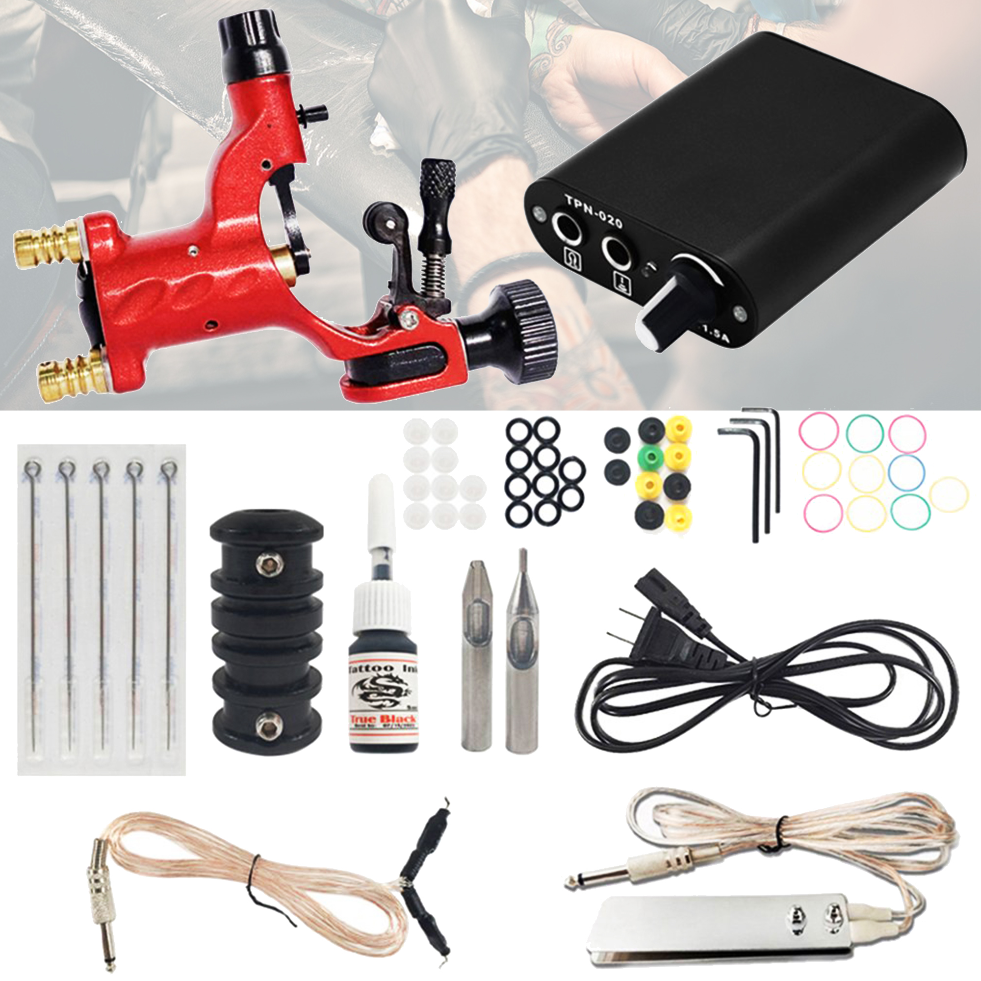 Bộ máy xăm cho người mới bắt đầu, bộ động cơ máy xăm quay chuồn chuồn chuyên nghiệp cho người mới bắt đầu, với bàn đạp chân nguồn điện led và kẹp cáp