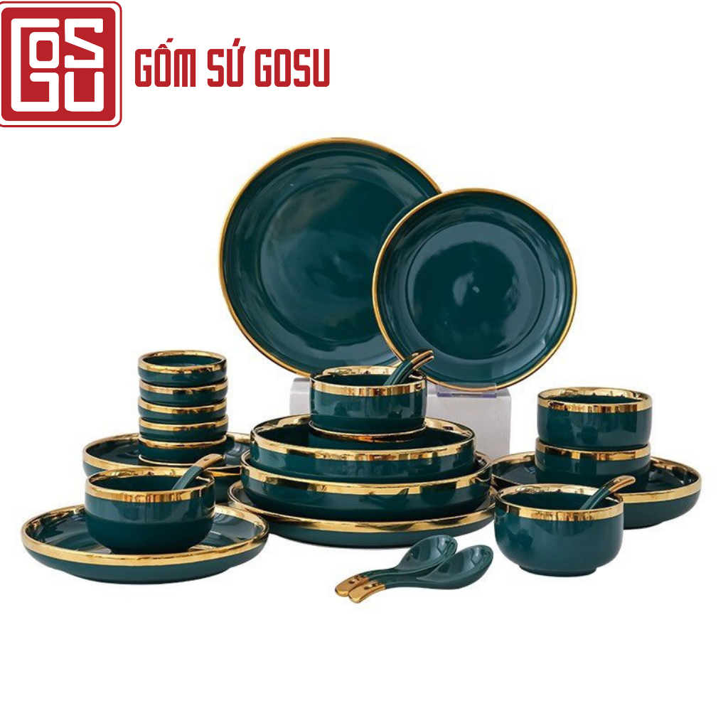 Set chén đĩa sứ xanh ngọc lục bảo viền vàng phong cách bắc âu cao cấp