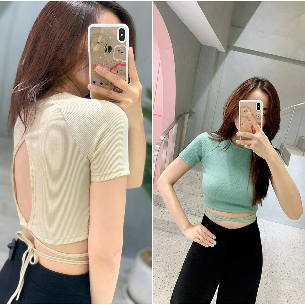 Áo croptop body tay ngắn pinkstore29, hở lưng dây đan eo quyến rũ a5368