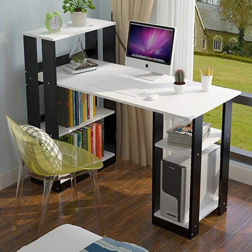 Bàn làm việc bàn gỗ kèm kệ sách mdf thông minh phối màu đen- trắng